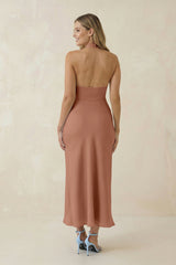 Halter Cut-Out Sheath Satin Midi Bridesmaid Dress in Rosette