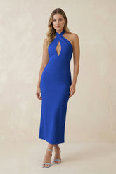 Halter Cut-Out Sheath Satin Midi Bridesmaid Dress in Royal Blue