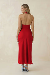 Halter Cut-Out Sheath Satin Midi Bridesmaid Dress in Ruby Red
