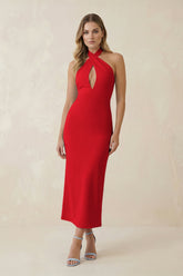 Halter Cut-Out Sheath Satin Midi Bridesmaid Dress in Ruby Red