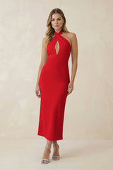 Halter Cut-Out Sheath Satin Midi Bridesmaid Dress in Ruby Red