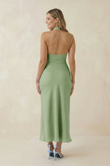 Halter Cut-Out Sheath Satin Midi Bridesmaid Dress in Sage