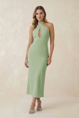 Halter Cut-Out Sheath Satin Midi Bridesmaid Dress in Sage