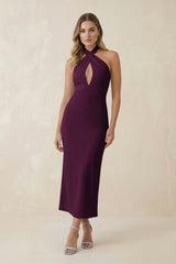 Halter Cut-Out Sheath Satin Midi Bridesmaid Dress in Sangria