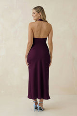 Halter Cut-Out Sheath Satin Midi Bridesmaid Dress in Sangria
