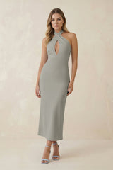 Halter Cut-Out Sheath Satin Midi Bridesmaid Dress in Silver