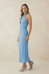 Halter Cut-Out Sheath Satin Midi Bridesmaid Dress in Sky Blue