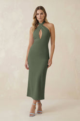 Halter Cut-Out Sheath Satin Midi Bridesmaid Dress in Thyme