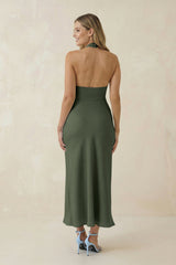 Halter Cut-Out Sheath Satin Midi Bridesmaid Dress in Thyme
