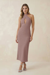 Halter Cut-Out Sheath Satin Midi Bridesmaid Dress in Toffee