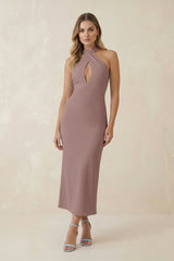 Halter Cut-Out Sheath Satin Midi Bridesmaid Dress in Toffee