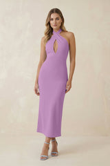 Halter Cut-Out Sheath Satin Midi Bridesmaid Dress in Vintage Mauve