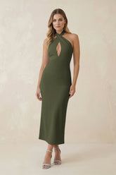 Halter Cut-Out Sheath Satin Midi Bridesmaid Dress in Willow Green