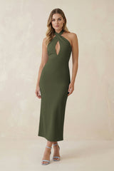 Halter Cut-Out Sheath Satin Midi Bridesmaid Dress in Willow Green