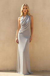 Halter Draped Maxi Dress in Silver