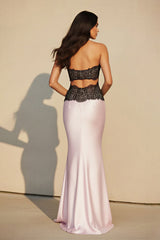 Halter Mermaid Maxi Dress With Lace in Black and Pink