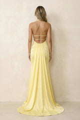 Halter Mermaid Open Back Maxi Dress With Slit in Yellow