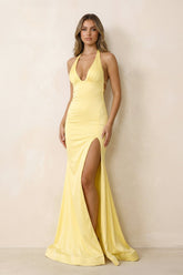 Halter Mermaid Open Back Maxi Dress With Slit in Yellow