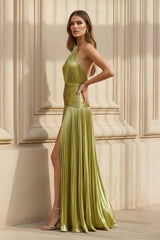 Halter Metallic Pleated Gown in Olive
