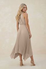 Halter Neck Pleated A-Line Chiffon Bridesmaid Dress in Almond
