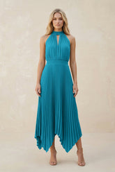Halter Neck Pleated A-Line Chiffon Bridesmaid Dress in Blue Jay