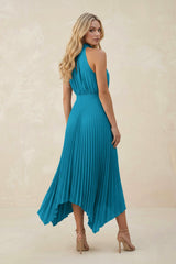 Halter Neck Pleated A-Line Chiffon Bridesmaid Dress in Blue Jay