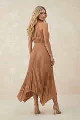 Halter Neck Pleated A-Line Chiffon Bridesmaid Dress in Bronzer