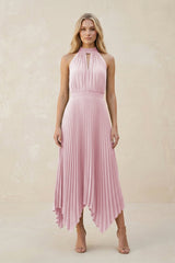 Halter Neck Pleated A-Line Chiffon Bridesmaid Dress in Candy Pink