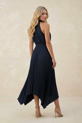 Halter Neck Pleated A-Line Chiffon Bridesmaid Dress in Dark Navy