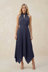 Halter Neck Pleated A-Line Chiffon Bridesmaid Dress in Dusk Blue