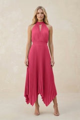 Halter Neck Pleated A-Line Chiffon Bridesmaid Dress in Fuchsia