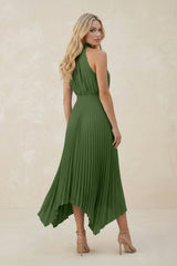 Halter Neck Pleated A-Line Chiffon Bridesmaid Dress in Moss