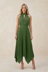 Halter Neck Pleated A-Line Chiffon Bridesmaid Dress in Moss
