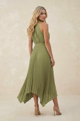 Halter Neck Pleated A-Line Chiffon Bridesmaid Dress in Moss Green