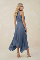 Halter Neck Pleated A-Line Chiffon Bridesmaid Dress in Neptune
