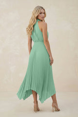 Halter Neck Pleated A-Line Chiffon Bridesmaid Dress in Pale Pistachio