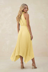 Halter Neck Pleated A-Line Chiffon Bridesmaid Dress in Pastel Yellow