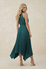 Halter Neck Pleated A-Line Chiffon Bridesmaid Dress in Pine