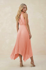 Halter Neck Pleated A-Line Chiffon Bridesmaid Dress in Rose Petal
