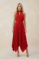 Halter Neck Pleated A-Line Chiffon Bridesmaid Dress in Ruby Red
