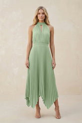 Halter Neck Pleated A-Line Chiffon Bridesmaid Dress in Sage