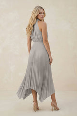 Halter Neck Pleated A-Line Chiffon Bridesmaid Dress in Silver