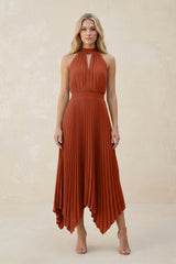 Halter Neck Pleated A-Line Chiffon Bridesmaid Dress in Spice