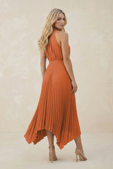 Halter Neck Pleated A-Line Chiffon Bridesmaid Dress in Terracotta