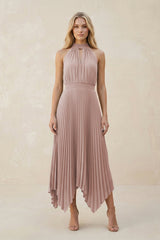 Halter Neck Pleated A-Line Chiffon Bridesmaid Dress in Toffee