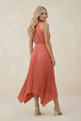 Halter Neck Pleated A-Line Chiffon Bridesmaid Dress in Wild Rose