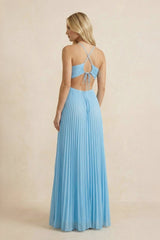Halter Pleated Maxi Dress With Cutout in Sky Blue