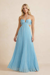 Halter Pleated Maxi Dress With Cutout in Sky Blue