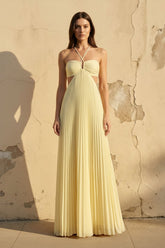 Halter Pleated Maxi Dress With Cutout in Yellow