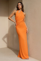 Halter Ruched Backless Maxi Dress in Orange